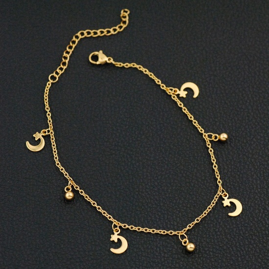 Picture of Stainless Steel Galaxy Link Cable Chain Anklet Gold Plated Half Moon Star 21cm(8 2/8") long, 1 Piece
