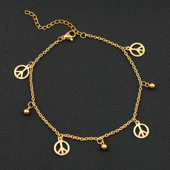 Picture of Stainless Steel Religious Link Cable Chain Anklet Gold Plated Peace Symbol 21cm(8 2/8") long, 1 Piece