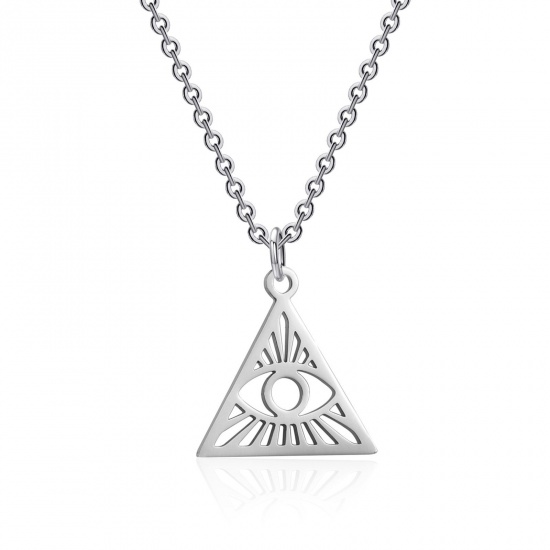 Picture of 304 Stainless Steel Religious Link Cable Chain Necklace Silver Tone Triangle Eye of Providence/ All-seeing Eye Hollow 40cm(15 6/8") long, 1 Piece