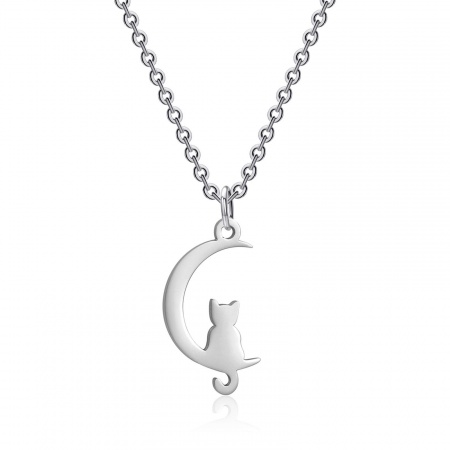 Picture of Wholesale Half Moon Cat Pendant Charm Necklace, Silver Tone 304 Stainless Steel Link Cable Chain, Women's Stylish Gift Jewelry For Retailer, 40cm(15.7") long, 1 Piece
