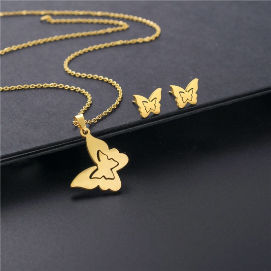 Picture of Stainless Steel Insect Jewelry Necklace Earrings Set Gold Plated Butterfly Animal Hollow 45cm(17 6/8") long, 17mm x 15mm, 1 Set