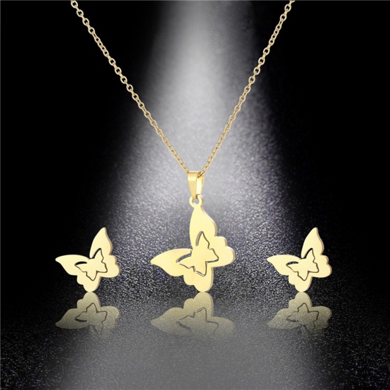 Picture of Stainless Steel Insect Jewelry Necklace Earrings Set Gold Plated Butterfly Animal Hollow 45cm(17 6/8") long, 17mm x 15mm, 1 Set
