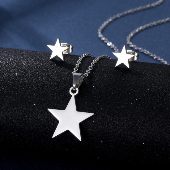 Picture of Stainless Steel Galaxy Jewelry Necklace Earrings Set Silver Tone Star 45cm(17 6/8") long, 17mm x 15mm, 1 Set