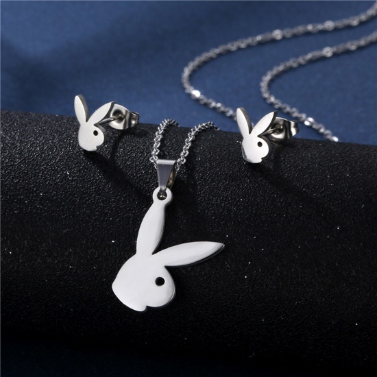 Picture of Stainless Steel Pet Silhouette Jewelry Necklace Earrings Set Silver Tone Rabbit Animal Hollow 45cm(17 6/8") long, 17mm x 15mm, 1 Set
