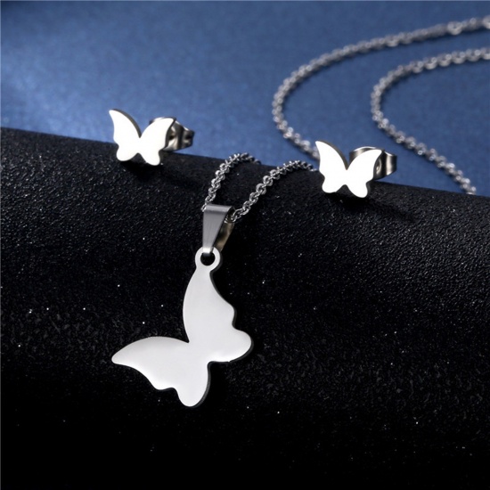 Picture of Stainless Steel Insect Jewelry Necklace Earrings Set Silver Tone Butterfly Animal 45cm(17 6/8") long, 17mm x 15mm, 1 Set