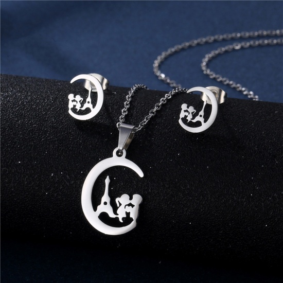 Picture of Stainless Steel Valentine's Day Jewelry Necklace Earrings Set Silver Tone Half Moon Lovers Hollow 45cm(17 6/8") long, 17mm x 15mm, 1 Set