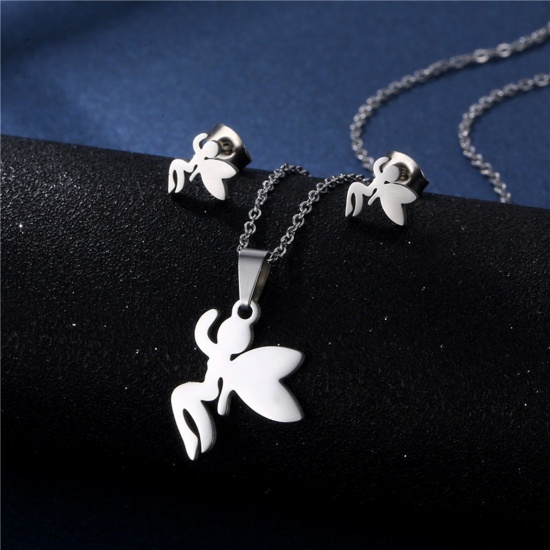 Picture of Stainless Steel Fairy Tale Collection Jewelry Necklace Earrings Set Silver Tone Fairy Hollow 45cm(17 6/8") long, 17mm x 15mm, 1 Set