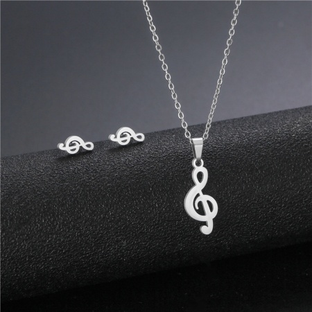 Immagine di Nota Musicale Filigrana Gioielli di Orecchini e Collana Serie All'Ingrosso, Tono Argento Acciaio Inossidabile Donne Stile Ins Elegante Regalo Gioielli Per Rivenditore, 45cm Lunghezza, 17mm x 15mm, 1 Serie