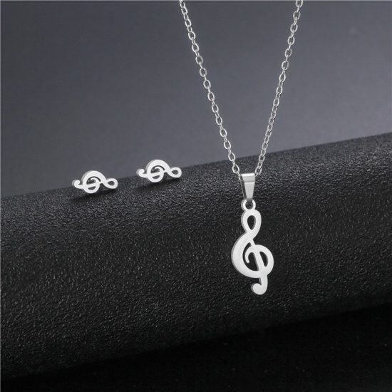 Picture of Stainless Steel Ins Style Jewelry Necklace Earrings Set Silver Tone Musical Note Hollow 45cm(17 6/8") long, 17mm x 15mm, 1 Set