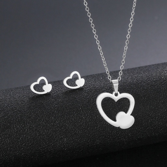 Picture of Stainless Steel Valentine's Day Jewelry Necklace Earrings Set Silver Tone Heart Hollow 45cm(17 6/8") long, 17mm x 15mm, 1 Set