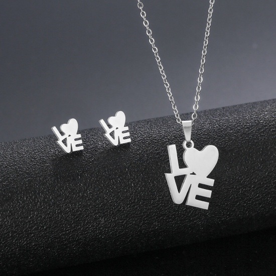 Picture of Stainless Steel Valentine's Day Jewelry Necklace Earrings Set Silver Tone Capital Alphabet/ Letter Message " LOVE " Hollow 45cm(17 6/8") long, 17mm x 15mm, 1 Set