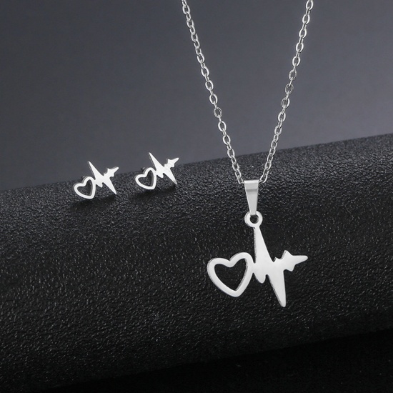 Picture of Stainless Steel Medical Jewelry Necklace Earrings Set Silver Tone Heartbeat/ Electrocardiogram Hollow 45cm(17 6/8") long, 17mm x 15mm, 1 Set