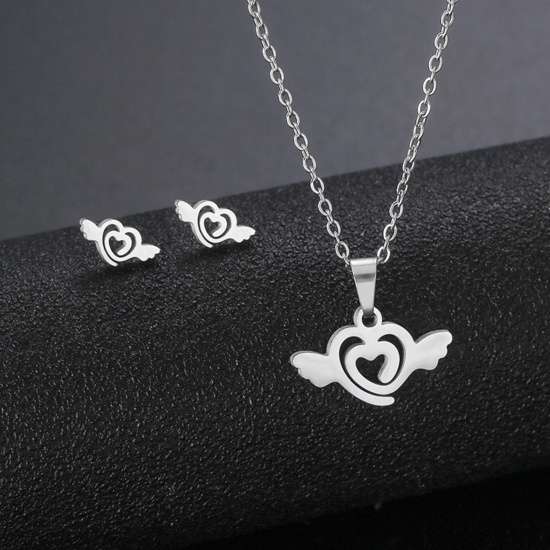 Picture of Stainless Steel Ins Style Jewelry Necklace Earrings Set Silver Tone Heart Wing Hollow 45cm(17 6/8") long, 17mm x 15mm, 1 Set