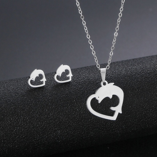 Picture of Stainless Steel Ins Style Jewelry Necklace Earrings Set Silver Tone Heart Dolphin Hollow 45cm(17 6/8") long, 17mm x 15mm, 1 Set