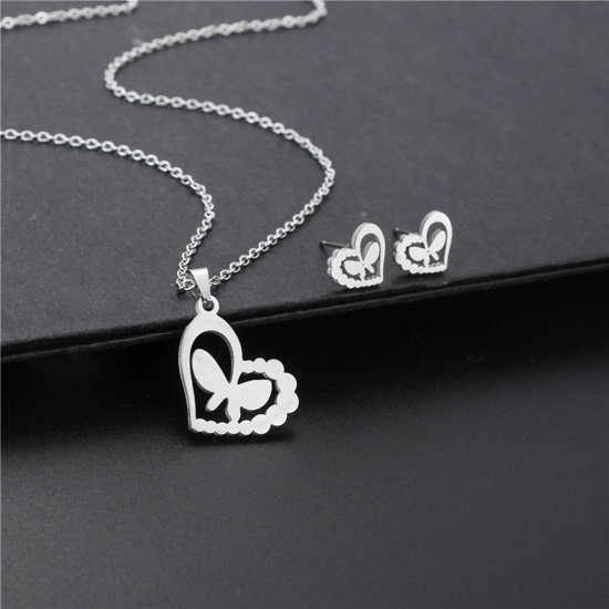 Picture of Stainless Steel Ins Style Jewelry Necklace Earrings Set Silver Tone Heart Butterfly Hollow 45cm(17 6/8") long, 17mm x 15mm, 1 Set
