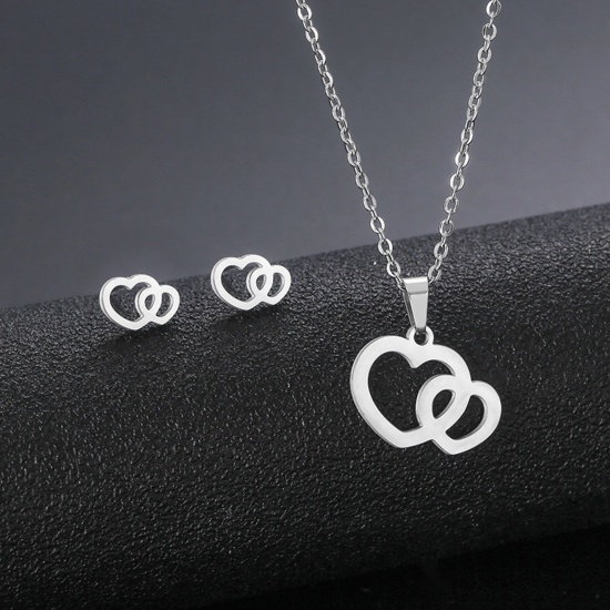 Picture of Stainless Steel Valentine's Day Jewelry Necklace Earrings Set Silver Tone Heart Hollow 45cm(17 6/8") long, 17mm x 15mm, 1 Set