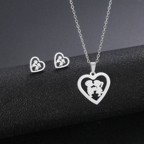 Picture of Stainless Steel Valentine's Day Jewelry Necklace Earrings Set Silver Tone Heart Lovers Hollow 45cm(17 6/8") long, 17mm x 15mm, 1 Set