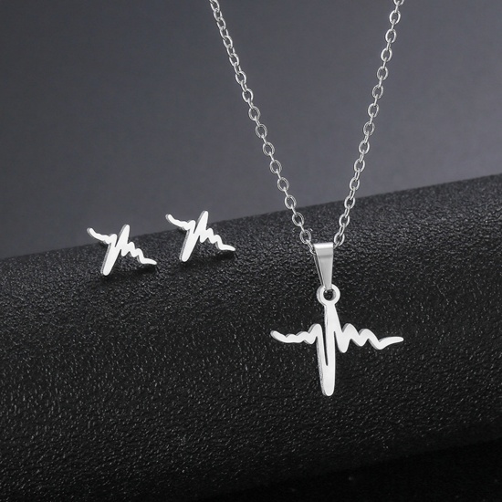 Picture of Stainless Steel Medical Jewelry Necklace Earrings Set Silver Tone Heartbeat/ Electrocardiogram 45cm(17 6/8") long, 17mm x 15mm, 1 Set