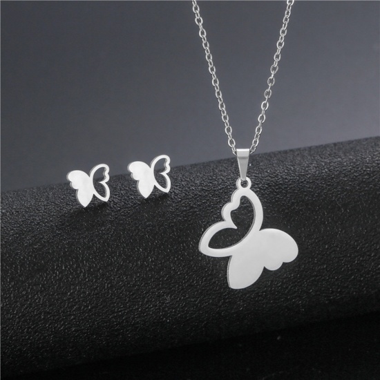 Picture of Stainless Steel Insect Jewelry Necklace Earrings Set Silver Tone Butterfly Animal Hollow 45cm(17 6/8") long, 17mm x 15mm, 1 Set