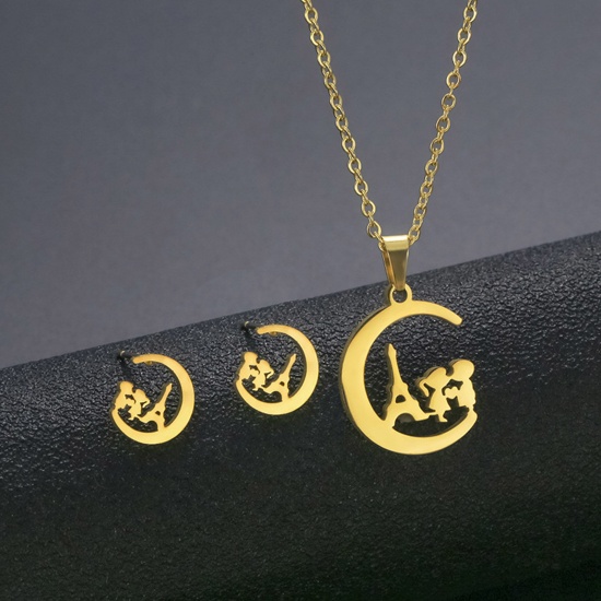 Picture of Stainless Steel Ins Style Jewelry Necklace Earrings Set Gold Plated Half Moon Lovers Hollow 45cm(17 6/8") long, 17mm x 15mm, 1 Set