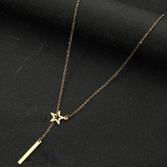 Picture of Titanium Steel Stylish Y Shaped Lariat Necklace 18K Gold Color Strip Star Hollow 45cm(17 6/8") long, 1 Piece