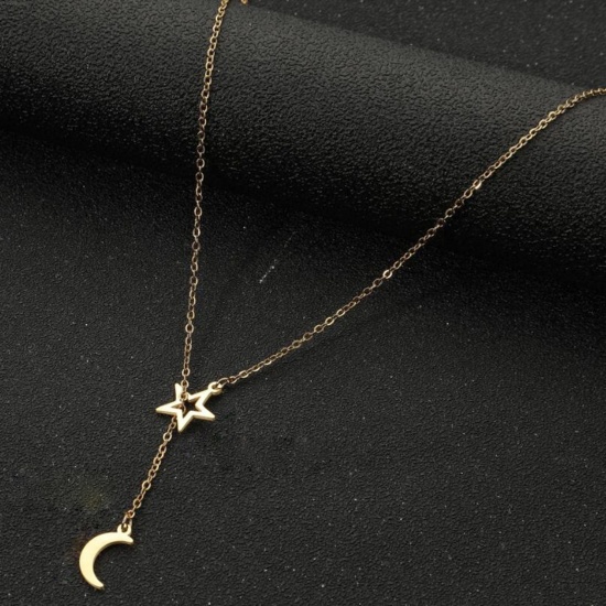 Picture of Titanium Steel Stylish Y Shaped Lariat Necklace 18K Gold Color Star Moon Hollow 45cm(17 6/8") long, 1 Piece
