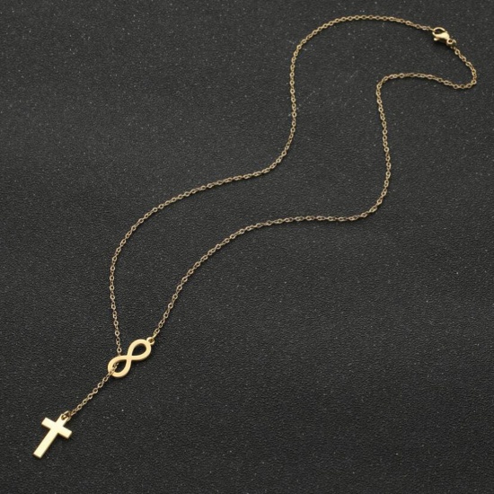Immagine di Acciaio al titanio Elegante Lariat Collana Placcato Oro 18K Simbolo di Infinito Croce 45cm Lunghezza, 1 Pz