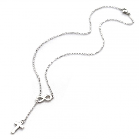 Picture of Wholesale Infinity Symbol Cross Y Shaped Lariat Necklace, Silver Tone Titanium Steel Women's Religious Stylish Gift Jewelry For Retailer, 45cm(17.7") long, 1 Piece