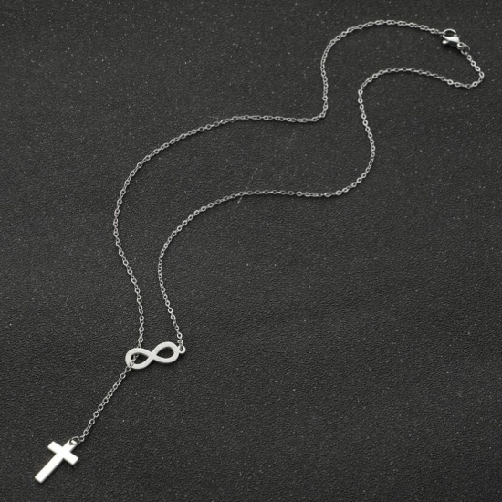 Immagine di Acciaio al titanio Elegante Lariat Collana Tono Argento Simbolo di Infinito Croce 45cm Lunghezza, 1 Pz