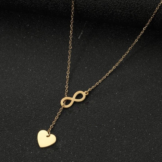 Picture of Titanium Steel Stylish Y Shaped Lariat Necklace 18K Gold Color Infinity Symbol Heart 45cm(17 6/8") long, 1 Piece