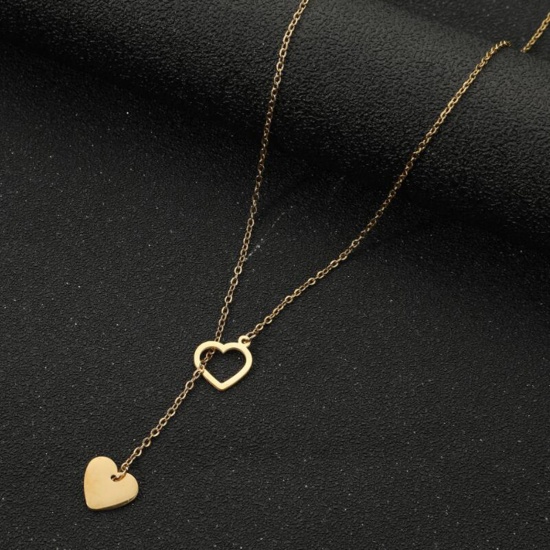 Picture of Titanium Steel Stylish Y Shaped Lariat Necklace 18K Gold Color Heart Hollow 45cm(17 6/8") long, 1 Piece