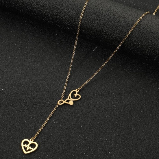Imagen de Titanio Acero Elegante Collar Lariat en forma de Y Color Oro de 18K Nota musical Corazón Hueco 45cm longitud, 1 Unidad