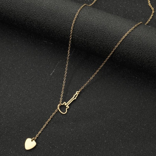 Picture of Titanium Steel Stylish Y Shaped Lariat Necklace 18K Gold Color Guitar Musical Instrument Heart Hollow 45cm(17 6/8") long, 1 Piece