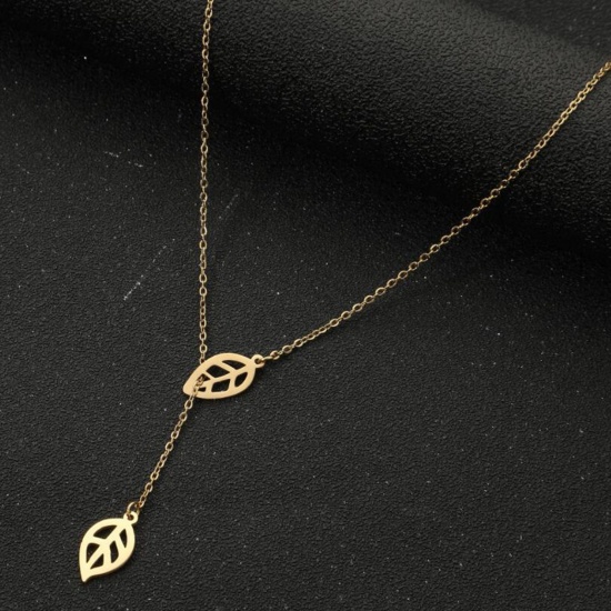 Picture of Titanium Steel Stylish Y Shaped Lariat Necklace 18K Gold Color Leaf Hollow 45cm(17 6/8") long, 1 Piece