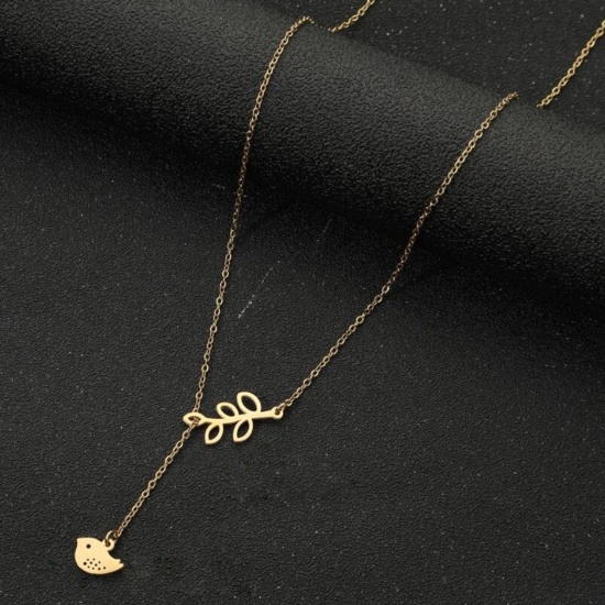 Picture of Titanium Steel Stylish Y Shaped Lariat Necklace 18K Gold Color Leaf Bird Hollow 45cm(17 6/8") long, 1 Piece
