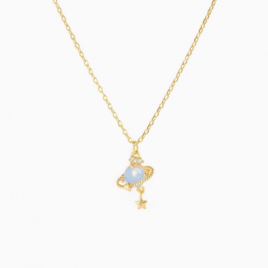 Picture of Brass Galaxy Necklace Planet Saturn Pentagram Star 18K Real Gold Plated Blue Clear Rhinestone 45cm(17 6/8") long, 1 Piece                                                                                                                                     