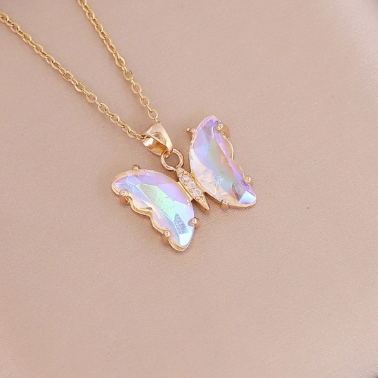 Picture of Brass & Glass Insect Necklace Butterfly Animal Gold Plated White 40cm(15 6/8") long, 1 Piece                                                                                                                                                                  