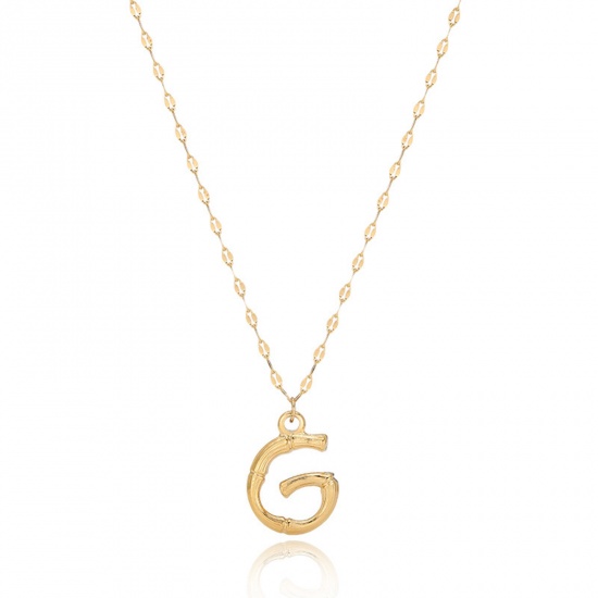 Picture of Eco-friendly Simple & Casual Stylish 18K Gold Color 304 Stainless Steel Rolo Chain Bamboo-shaped Initial Alphabet/ Capital Letter Message " G " Pendant Necklace For Women Mother's Day 40cm(15 6/8") long, 1 Piece