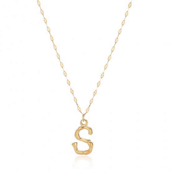 Picture of Eco-friendly Simple & Casual Stylish 18K Gold Color 304 Stainless Steel Rolo Chain Bamboo-shaped Initial Alphabet/ Capital Letter Message " S " Pendant Necklace For Women Mother's Day 40cm(15 6/8") long, 1 Piece