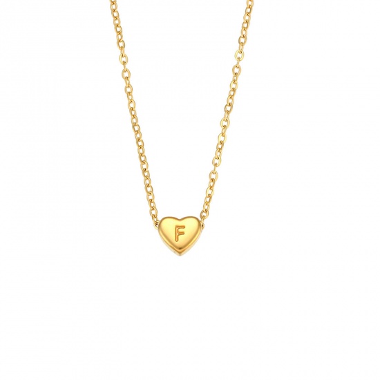 Picture of Eco-friendly Dainty Valentine's Day 18K Gold Color 316 Stainless Steel Rolo Chain Heart Initial Alphabet/ Capital Letter Message " F " Pendant Necklace For Women Valentine's Day 38cm(15") long, 1 Piece