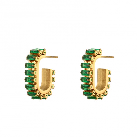 Picture of Stainless Steel Ins Style Ear Post Stud Earrings 18K Gold Color C Shape Green Cubic Zirconia 24mm x 16mm, 1 Pair