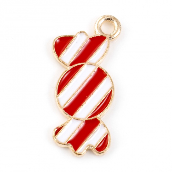 Picture of Zinc Based Alloy Halloween Charms Gold Plated Red Candy Stripe Enamel 21mm x 10mm, 10 PCs