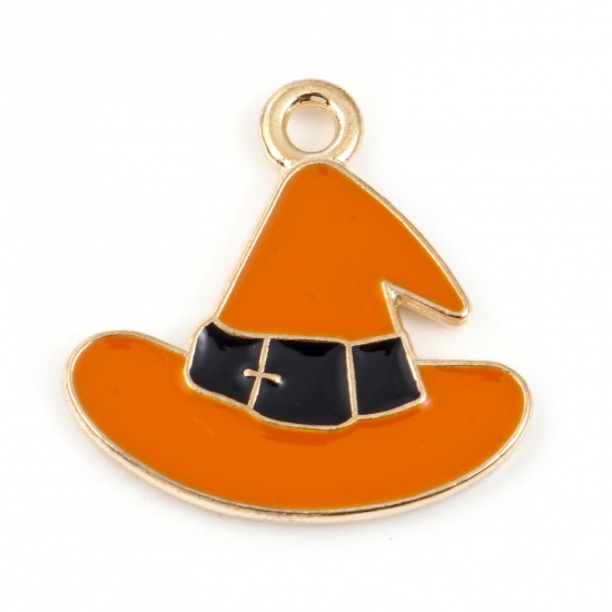 Picture of Zinc Based Alloy Halloween Charms Gold Plated Orange Witch Hat Enamel 17mm x 17mm, 10 PCs
