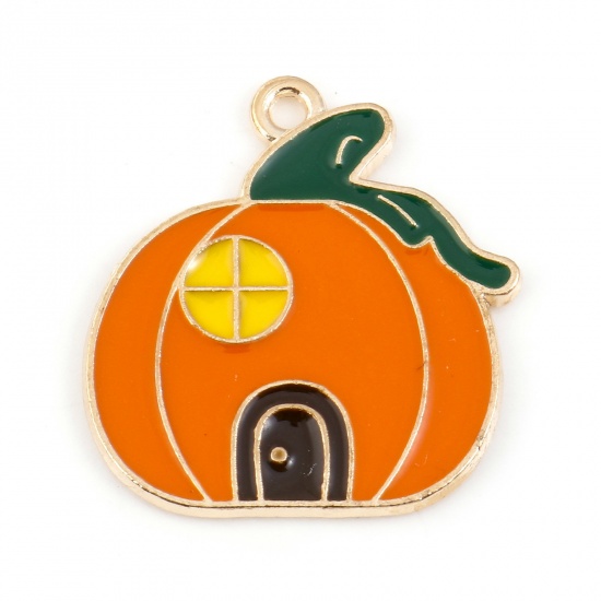 Picture of Zinc Based Alloy Halloween Charms Gold Plated Orange Pumpkin House Enamel 21mm x 20mm, 10 PCs