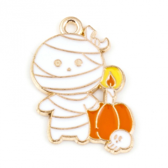 Picture of Zinc Based Alloy Halloween Charms Gold Plated White Halloween Mummy Pumpkin Enamel 25mm x 19mm, 10 PCs