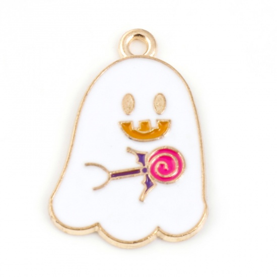 Picture of Zinc Based Alloy Halloween Charms Gold Plated White Halloween Ghost Lollipop Enamel 25mm x 17mm, 10 PCs