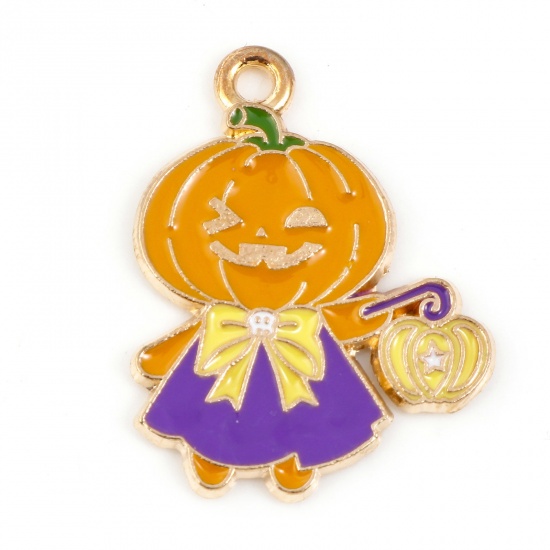 Picture of Zinc Based Alloy Halloween Charms Gold Plated Multicolor Lantern Pumpkin Man Enamel 25mm x 19mm, 10 PCs