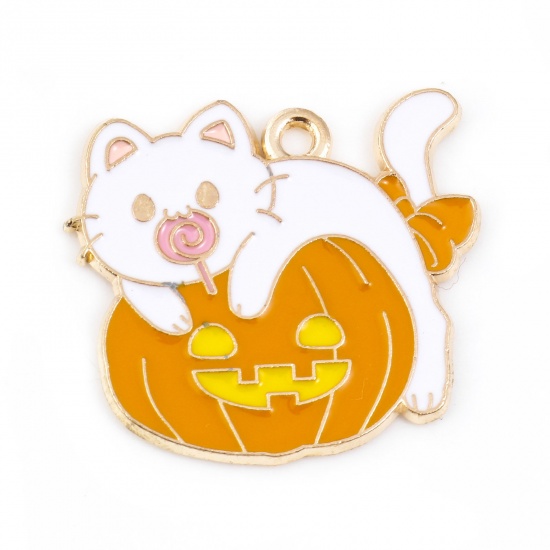 Picture of Zinc Based Alloy Halloween Charms Gold Plated Orange Cat Animal Pumpkin Enamel 27mm x 25mm, 10 PCs
