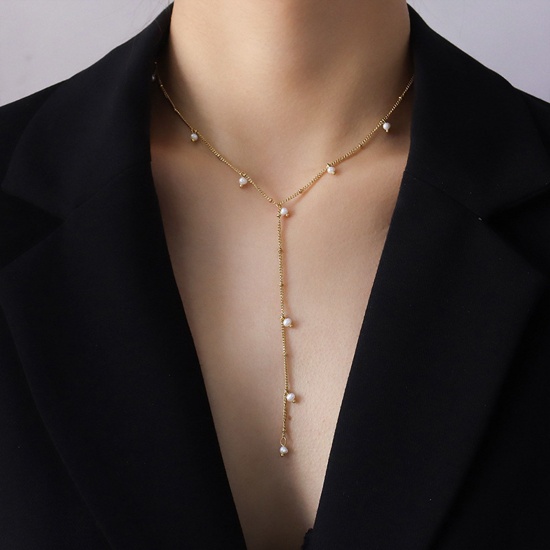 Picture of Freshwater Cultured Pearl Ins Style Necklace 18K Gold Color Tassel 40cm(15 6/8") long, 1 Piece