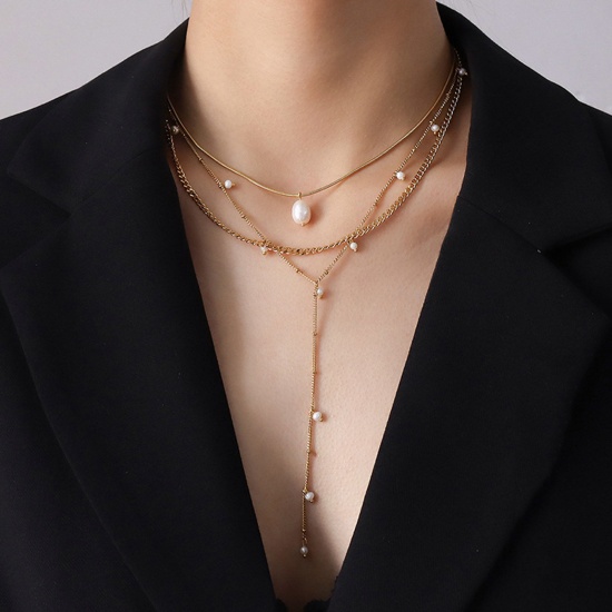 Picture of Freshwater Cultured Pearl Ins Style Necklace 18K Gold Color Tassel 40cm(15 6/8") long, 1 Piece